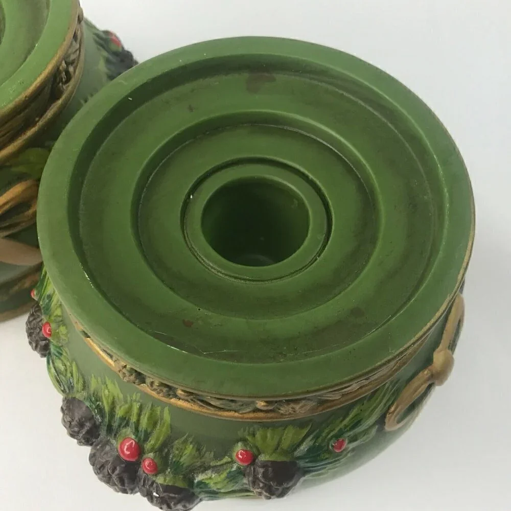 Napcoware Napco Taper Candle Holder Set of 2 Green Vtg MCM Christmas Pinecone